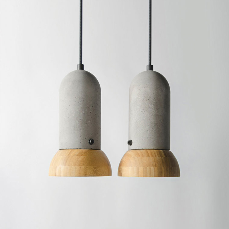 Подвесной светильник из цемента с деревянным абажуром фото #num#